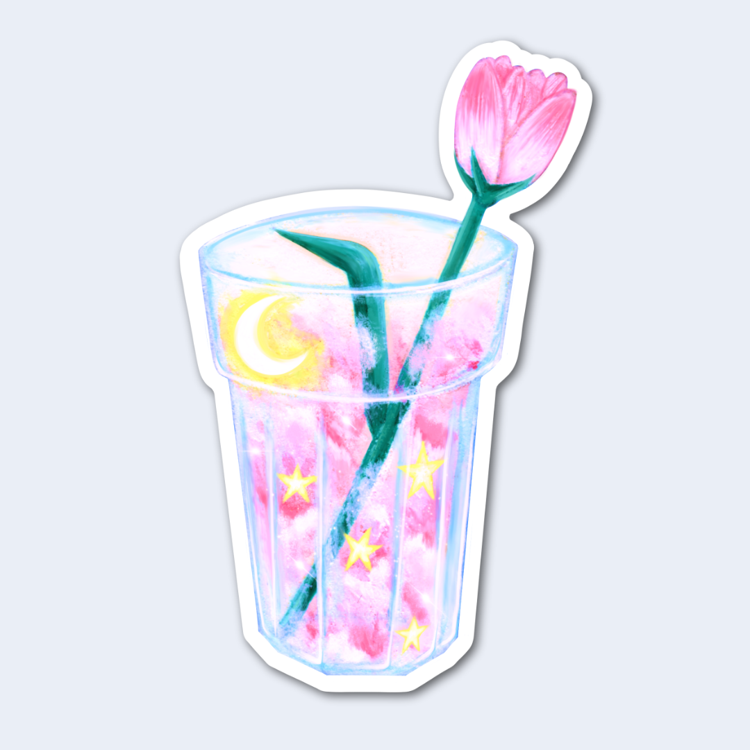 Sticker of a glass with a flower and straw on a light gray background